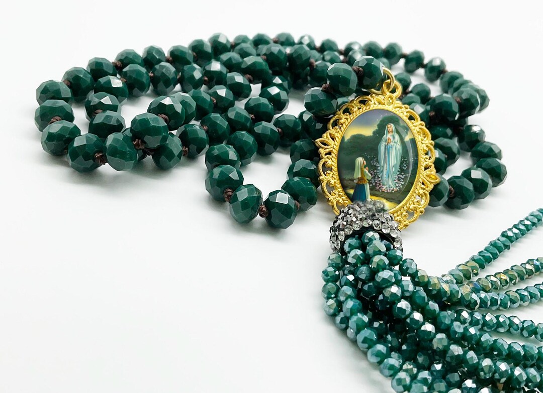 Our Lady of Lourdes and St. Bernadette Catholic Necklace - Dark Green ...