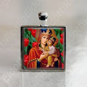 Mother Virgin Mary and Baby - Catholic Christian Medal Mary w Red Flowers Pendant Religious Jewelry