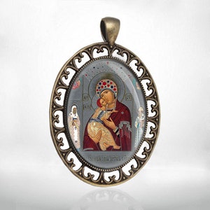 Volokolamskaya Mother of God Theotokos Orthodox Icon Medal Bronze Mary and Baby Pendant Oval