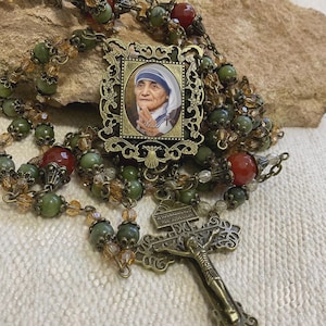 Mother Teresa Rosary - Prayer Beads with Jade Gemstones & Bronze Crucifix