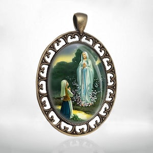 Our Lady of Lourdes Virgin Mary Christian Catholic Medal Pendant Bronze Oval Religious Jewelry