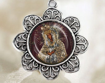 Black Madonna Flower Pendant: Our Lady of the Gate of Dawn Catholic Jewelry