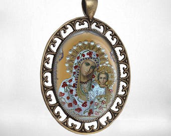 Blessed Virgin Mary Holy Mother Medal Bronze Tone Christian Orthodox Icon