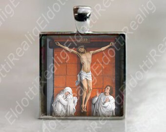 Crucifixion Medal: Jesus, Virgin Mary, St. John, Silver Tone Pendant