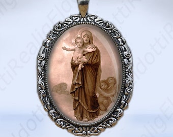 Virgin Mary and Baby Jesus Pendant: Silvertone Catholic Medal