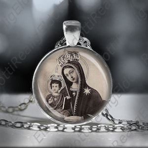 Our Lady of the Chestnut Tree Catholic Necklace Virgin Mary and Jesus Medal Silvertone Pendant