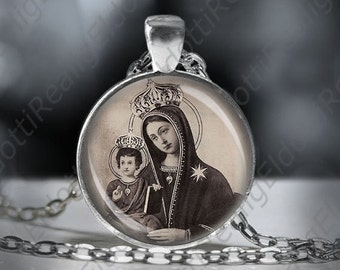 Our Lady of the Chestnut Tree Catholic Necklace Virgin Mary and Jesus Medal Silvertone Pendant