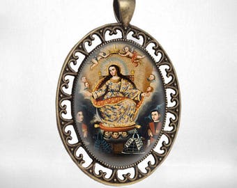 Virgin Mary Medal: Bronze Tone Catholic Jewelry Pendant (60x42mm)