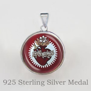 Immaculate Heart of Mary Red Color - Christian Religious Christian Medal. 925 Sterling Silver Pendant