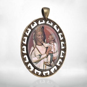 Virgen Blanca White Virgin Catholic Medal Mother Mary and Jesus Pendant Oval Large Jewelry Smiling Virgin of Toledo, Virgin of Prima