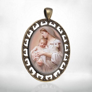 Mother Mary with Child and Lamb Catholic Christian Medal Bronze Pendant