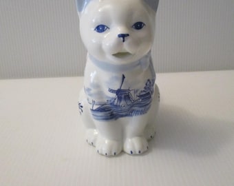 Brocca per panna vintage Delft blu e bianca a forma di gatto, 5 pollici