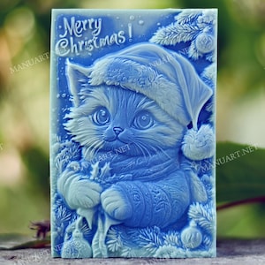 Buon Natale stampo in silicone per alimenti, stampo per sapone, stampo per candele, simpatico gatto Babbo Natale, Babbo Natale gatto, gattino, cartolina con cappello di Babbo Natale gatto, resina, gesso