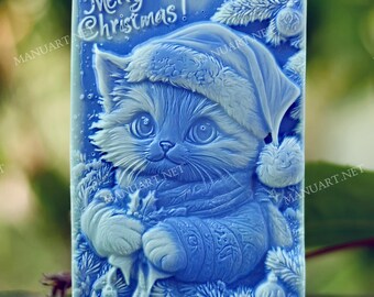 Merry Christmas FOOD SAFE silicone mold, soap, candle mould, cute cat Santa Claus, Santa Cat, Kitten, Cat Santa hat postcard, resin, plaster