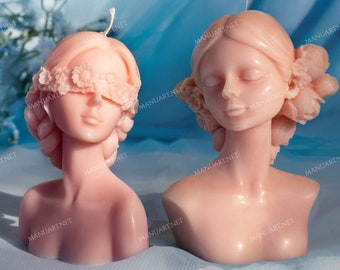 Blindfolded Girl bust 3D silicone mold, candle mould, soap, portrait, young lady, Human Body, blind folded, statue, Close eyes, head, flower