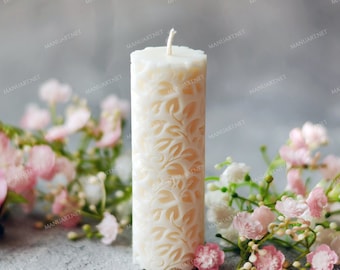 Carved cylinder with leaves 3D silicone mold, candle mould, Pillar, Relief, cylindrical, Column, ornament, nature, floral, flowers, ribbed