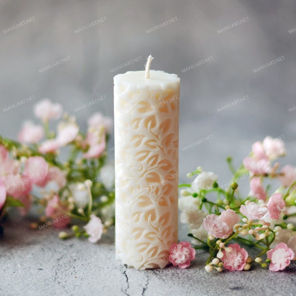 Carved cylinder with leaves 3D silicone mold, candle mould, Pillar, Relief, cylindrical, Column, ornament, nature, floral, flowers, ribbed