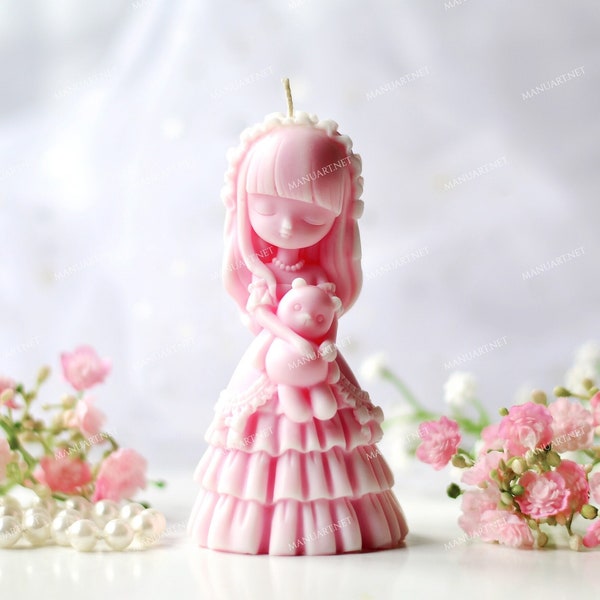 Jolie princesse tenant un ours jouet moule en silicone 3D, moule à bougie, savon, résine, plâtre, poupée, cadeau pour fille, ours en peluche, enfant, couronne, fée