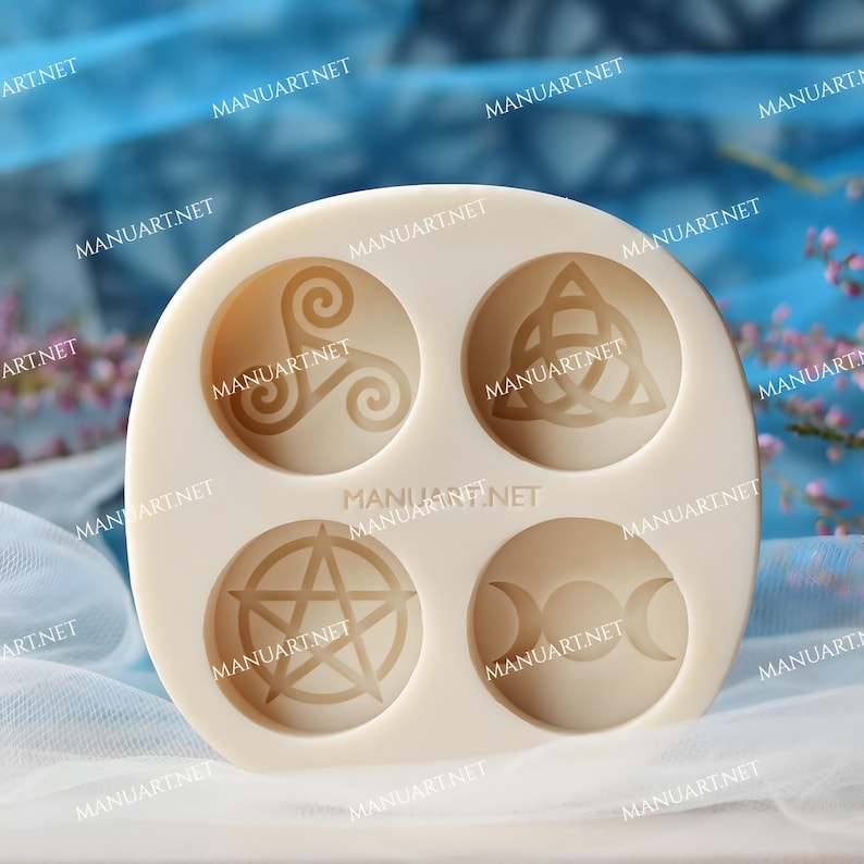 Create detailed small ritual pieces with this witchcraft symbols mold for tealight candles, designed with 4 cavities: Triskelion, Triple Moon, Pentagram, and Triquetra. This food grade silicone candle mold is sized to match US and EU tealight standards.
Candle mold, wiccan mold, pagan mold, Celtic molds, metaphysical mold, pagan silicone mold, wax melts mold, witchcraft mold, symbols mold, mold for tealight, magic mold, spiritual mold, wicca mould