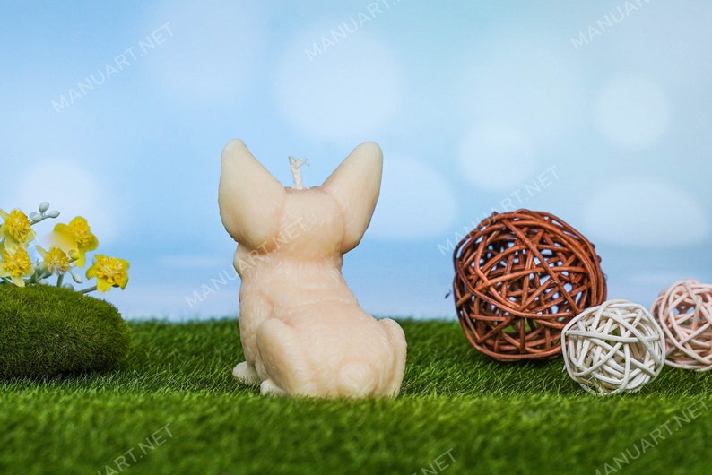 May include: A beige candle shaped like a dog sitting on a green grassy surface with brown and white wicker balls.