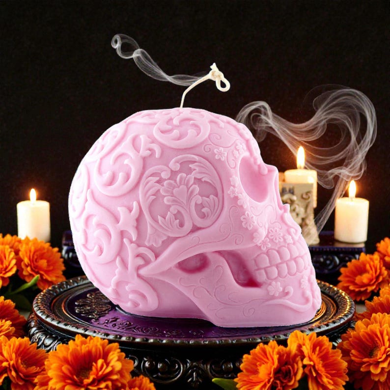 Big Mexican Skull Mold Gothic Candle is a large, high-detail skull silicone mold designed for candles, soap, resin, plaster, gypsum, and creative casting projects. This skull mold features a rich ornamental design inspired by Mexican skull art, making it an excellent choice for gothic décor. skull mold, skull silicone mold, skeleton soap mold, halloween mold, gothic mold, mexican mold, witchcraft mold, wiccan mold, pagan mold, magic mold, death mold, skull candle mold, mold gothic candle