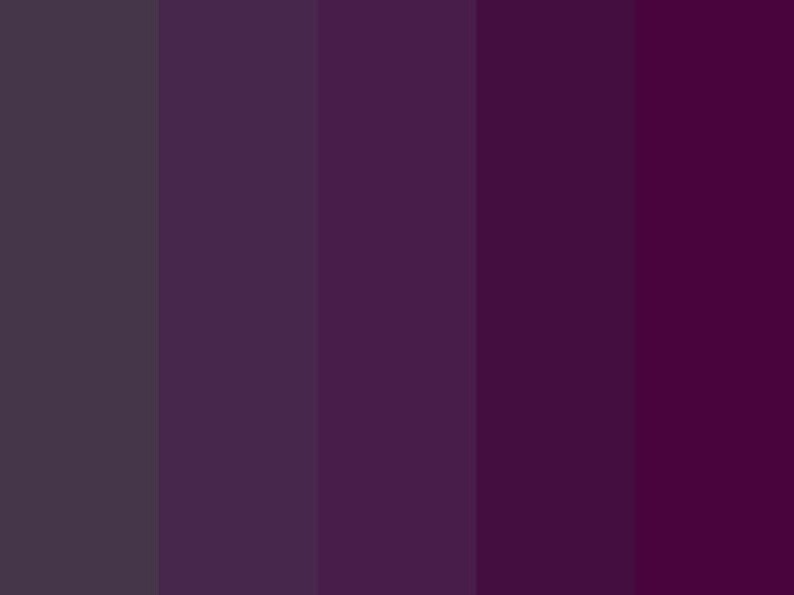 May include: A color palette with five shades of purple, ranging from a dark gray to a deep burgundy.