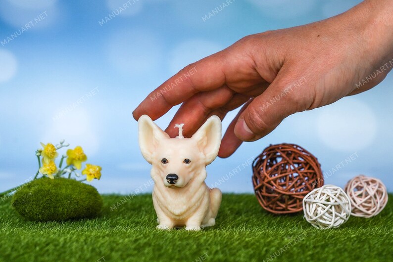 May include: A white candle shaped like a corgi dog sitting on a bed of green grass with brown and white woven balls.