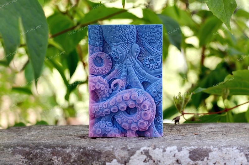 May include: A purple and blue octopus with detailed tentacles, a 3D printed design for soap making.