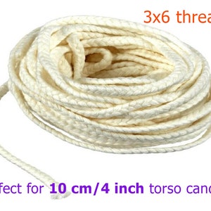 May include: A close-up of a white cotton candle wick, 3x6 threads, perfect for 10 cm/4 inch torso candles.