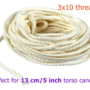 May include: A close-up of a white cotton wick for candles. The wick is 3x10 threads and is perfect for 13 cm torso candles.