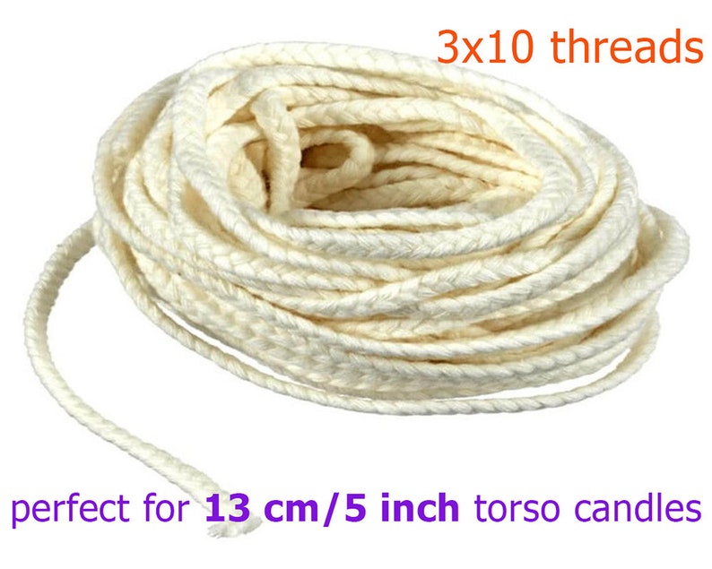 May include: A close-up of a white cotton wick for candles. The wick is 3x10 threads and is perfect for 5 inch torso candles.