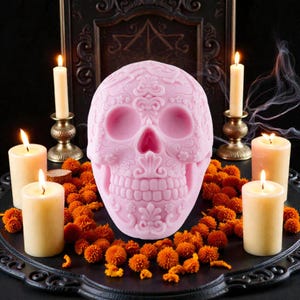 Big Mexican Skull Mold Gothic Candle is a large, high-detail skull silicone mold designed for candles, soap, resin, plaster, gypsum, and creative casting projects. This skull mold features a rich ornamental design inspired by Mexican skull art, making it an excellent choice for gothic décor. skull mold, skull silicone mold, skeleton soap mold, halloween mold, gothic mold, mexican mold, witchcraft mold, wiccan mold, pagan mold, magic mold, death mold, skull candle mold, mold gothic candle