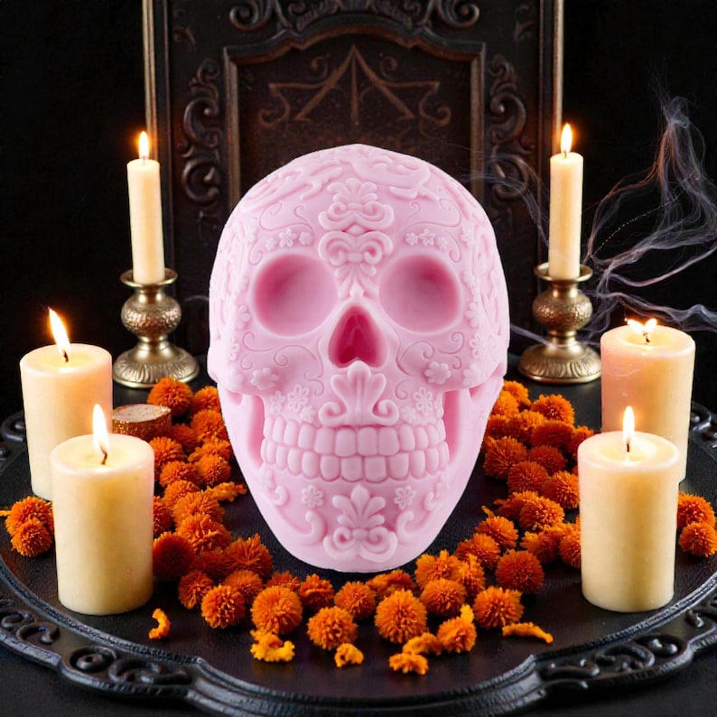 Big Mexican Skull Mold Gothic Candle is a large, high-detail skull silicone mold designed for candles, soap, resin, plaster, gypsum, and creative casting projects. This skull mold features a rich ornamental design inspired by Mexican skull art, making it an excellent choice for gothic décor. skull mold, skull silicone mold, skeleton soap mold, halloween mold, gothic mold, mexican mold, witchcraft mold, wiccan mold, pagan mold, magic mold, death mold, skull candle mold, mold gothic candle