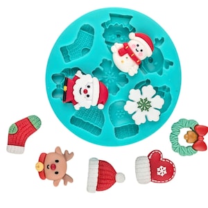 May include: A silicone mould with various Christmas-themed designs, including a snowman, Santa Claus, reindeer, stocking, snowflake, and a wreath. The mould is blue and the designs are white, red, and green.