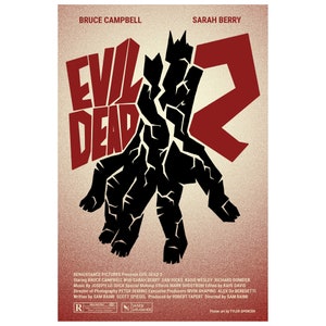 Puede incluir: Un póster de película de terror rojo y negro para la película Evil Dead 2. El póster presenta una gran criatura negra con forma de mano con un "2" rojo en el fondo. El texto "Evil Dead 2" está en letras blancas grandes. El póster también incluye los nombres de los actores, Bruce Campbell y Sarah Berry, y el director, Sam Raimi.