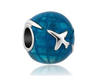 Blue World Bead, Travel Charm, Large Hole Bead, European Bead, Charm Bead, Charm Bracelet, European Charm, Big Hole Bead