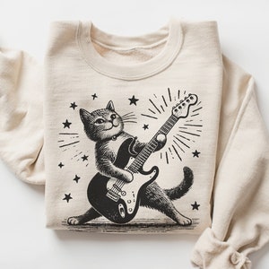 Cat Clipart PNG JPEG Cat Playing Guitar Sublimation Cat Guitar PNG Musician Gift Retro Rock Shirt