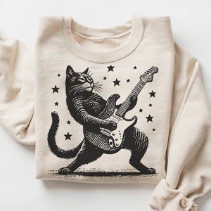 Cat Clipart PNG JPEG Cat Playing Guitar Sublimation Cat Guitar PNG Musician Gift Retro Rock Shirt