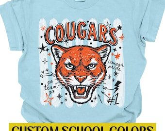 Cougar Mascot Comfort Colors School Spirit Tee Go Cougars Back to School First Day of School Custom School Colors New Teacher Shirt