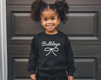 Felpa girocollo con fiocco per ragazzi Bulldogs Mascotte Bulldogs Coquette Bulldogs Bambini Maglietta Bulldogs Maglietta Spirit Wear per bambini Ritorno a scuola