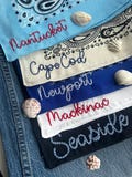 Custom Personalized Bandana Scarf Chain Stitch Seaside Town New England Summer Coastal Style Neck Scarf Preppy Beach Town Embroidered Scarf
