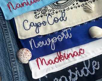Custom Personalized Bandana Scarf Chain Stitch Seaside Town New England Summer Coastal Style Neck Scarf Preppy Beach Town Embroidered Scarf