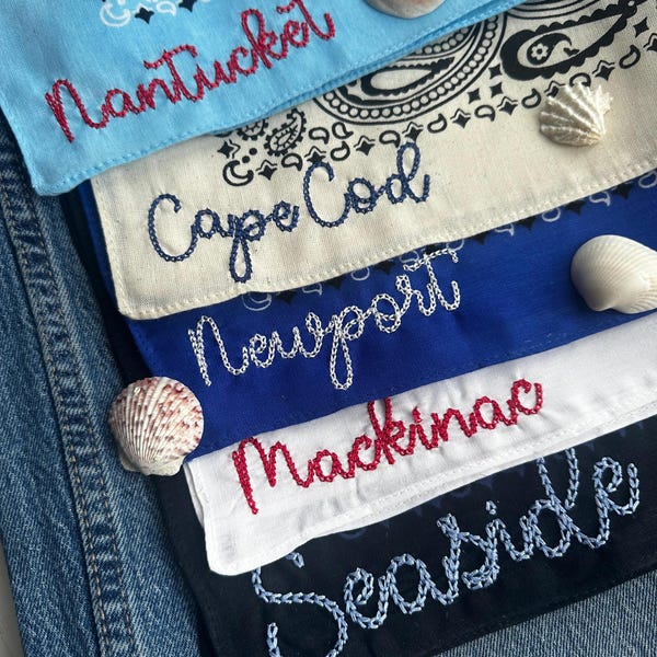 Custom Personalized Bandana Scarf Chain Stitch Seaside Town New England Summer Coastal Style Neck Scarf Preppy Beach Town Embroidered Scarf