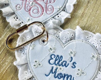 Custom Lace Tote Bag Charm Embroidered Keychain Baby Shower Gift Grand Millennial Style Baby Girl Mom Eyelet Lace Monogrammed Diaper Bag Tag