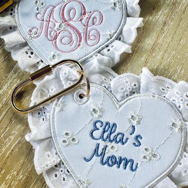Custom Lace Tote Bag Charm Embroidered Keychain Baby Shower Gift Grand Millennial Style Baby Girl Mom Eyelet Lace Monogrammed Diaper Bag Tag