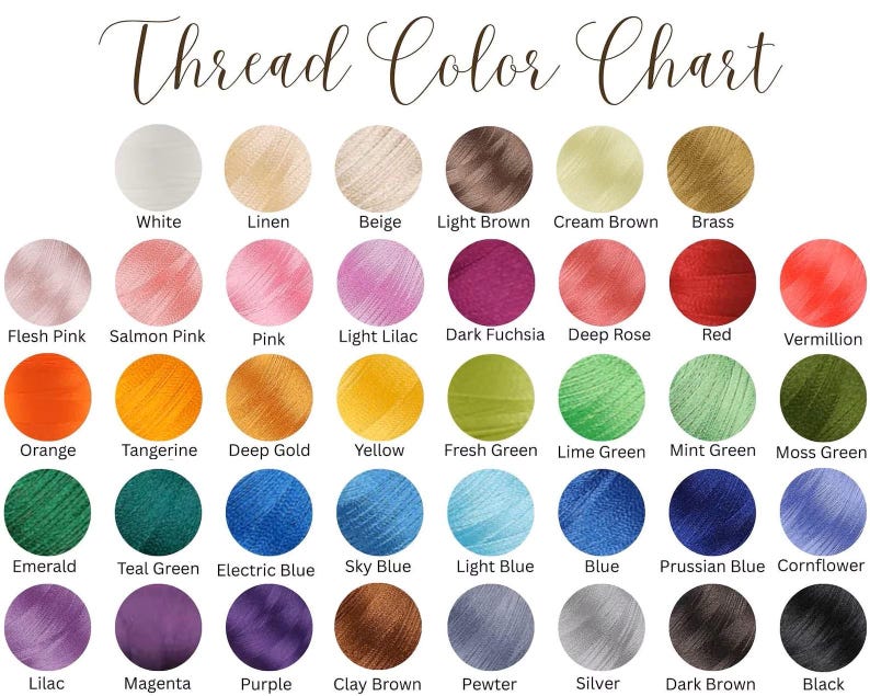 May include: A thread color chart with a variety of colors, including white, pink, orange, green, blue, purple, brown, and black. The text "Thread Color Chart" is at the top.