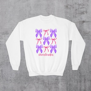 KIDS Cheerleader Sweatshirt Pink and Purple Bow Sweatshirt Youth Crewneck Sweatshirt Cheer Sweatshirt Cheer Team Shirt Coquette Cheer Shirt