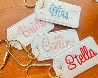 Custom Bridal Tote Bag Charm Embroidered Keychain Bachelorette Gift Bridesmaid Present Baby Girl Mom Eyelet Lace Monogrammed Diaper Bag Tag