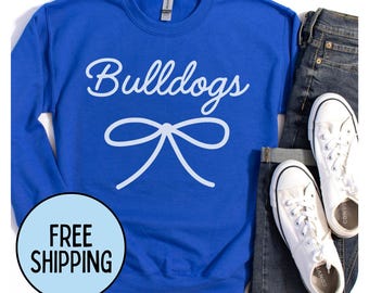 Sudadera con lazo de mascota de los Bulldogs, camiseta de los Bulldogs, cuello redondo de los Bulldogs, camiseta con lazo de los Bulldogs, sudadera de los Bulldogs, camiseta del día del partido, camiseta de Bulldog coqueta