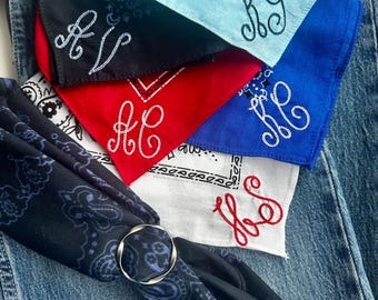 Custom Personalized Bandana Retro Nautical Neck Scarf Chain Stitch Monogrammed Summer Coastal Style Preppy Embroidered Red White Blue Scarf